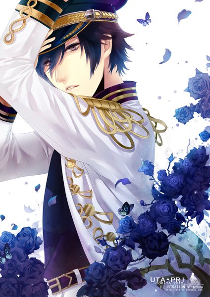 Anime picture 1000x1414 with uta no prince-sama a-1 pictures ichinose tokiya stells single tall image short hair brown eyes blue hair boy uniform flower (flowers) petals rose (roses) insect butterfly military uniform peaked cap blue rose