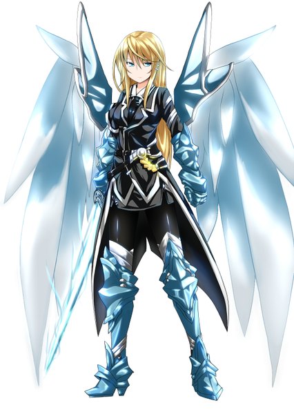 Anime picture 1104x1553 with original kaho single long hair tall image breasts blue eyes simple background blonde hair standing white background looking away girl gloves wings necktie armor clothes
