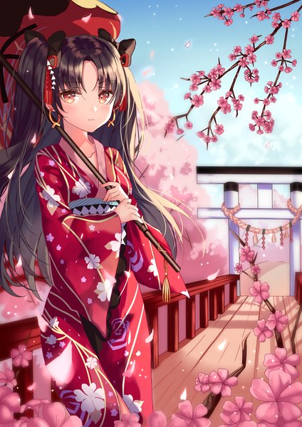 Anime picture 2480x3507 with fate (series) fate/grand order ishtar (fate) shaffelli single long hair tall image looking at viewer blush fringe highres black hair hair between eyes standing holding brown eyes sky outdoors traditional clothes japanese clothes