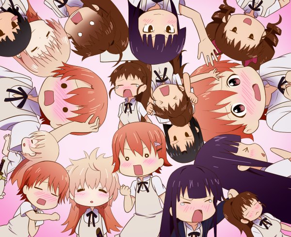 Anime picture 1231x1004 with working!! a-1 pictures yamada aoi taneshima popura inami mahiru todoroki yachiyo long hair blush short hair open mouth simple background smile brown hair purple eyes multiple girls brown eyes purple hair eyes closed orange hair orange eyes