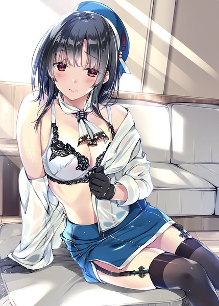 Anime picture 1110x1553 with kantai collection takao heavy cruiser kobayashi chisato single long hair tall image blush fringe breasts light erotic black hair red eyes sitting cleavage indoors sunlight zettai ryouiki looking down undressing lace-trimmed bra