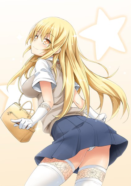 Anime picture 800x1132 with to aru kagaku no railgun j.c. staff shokuhou misaki oozora itsuki single long hair tall image blush breasts light erotic blonde hair smile large breasts standing brown eyes looking away pleated skirt looking back short sleeves pantyshot