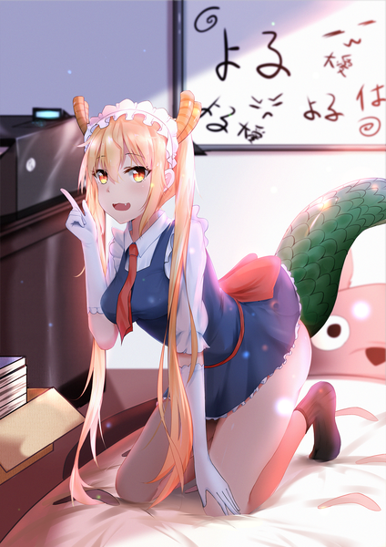 Anime picture 1028x1453 with kobayashi-san chi no maidragon tonari no totoro kyoto animation studio ghibli tooru (maidragon) totoro yoruciel single long hair tall image looking at viewer fringe open mouth light erotic blonde hair hair between eyes twintails payot full body indoors