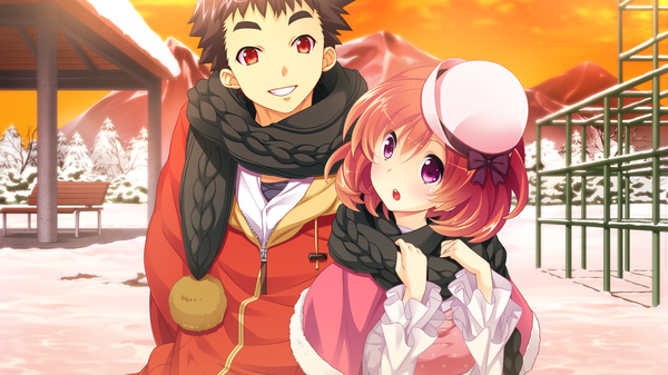 Anime picture 1920x1080 with baka moe heart ni ai wo komete! yamanaka kurumi highres short hair open mouth black hair smile red eyes wide image purple eyes pink hair game cg couple mountain girl boy scarf