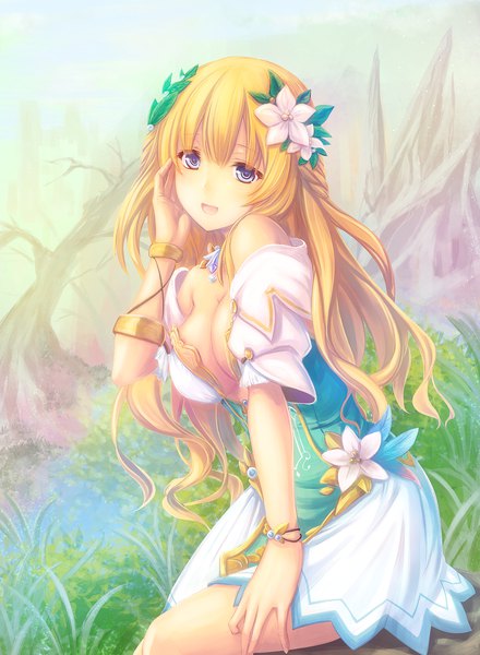 Anime picture 1650x2250 with original tenmaso single long hair tall image looking at viewer breasts open mouth blue eyes light erotic blonde hair sitting cleavage hair flower girl dress flower (flowers) plant (plants) tree (trees) grass