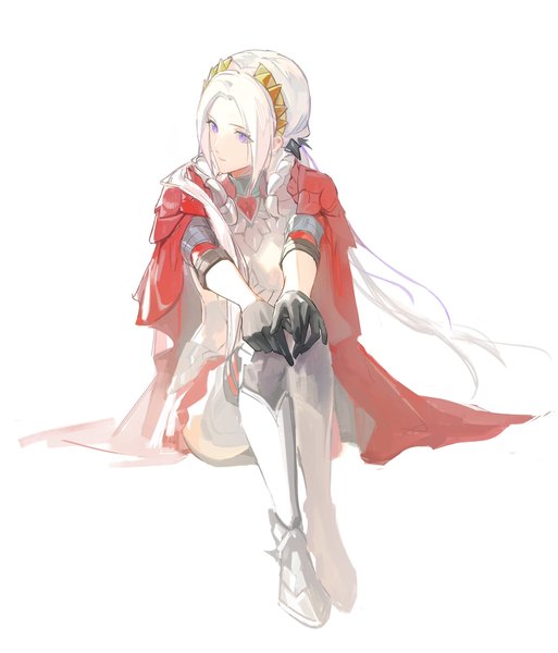 Anime picture 1752x2048 with fire emblem fire emblem: three houses fire emblem warriors: three hopes nintendo edelgard von hresvelg artuvia single long hair tall image highres simple background white background sitting purple eyes looking away full body hand on knee girl gloves black gloves