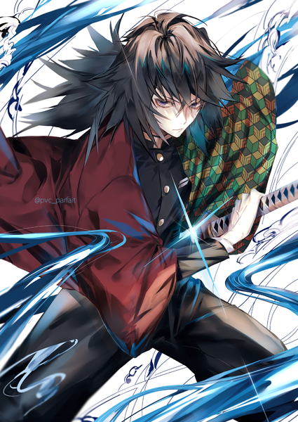 Anime picture 777x1096 with kimetsu no yaiba ufotable tomioka giyuu pvc parfait single long hair tall image looking at viewer fringe blue eyes black hair hair between eyes signed traditional clothes japanese clothes sparkle twitter username fighting stance unsheathing boy