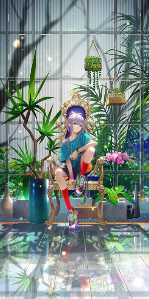 Anime picture 1000x2000 with vocaloid vocaloid china luo tianyi tidsean single long hair tall image looking at viewer fringe hair between eyes sitting holding green eyes silver hair full body bent knee (knees) arm support short sleeves alternate costume reflection