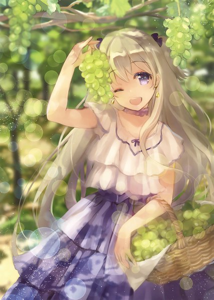 Anime-Bild 2494x3500 mit original naruse chisato single long hair tall image looking at viewer highres open mouth blonde hair purple eyes one eye closed wink scan girl dress earrings choker food berry (berries) basket