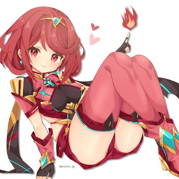 Anime picture 3000x3000 with xenoblade xenoblade 2 pyra (xenoblade) saekiya sabou single looking at viewer highres short hair light erotic simple background smile red eyes white background signed red hair arm support twitter username skindentation girl thighhighs