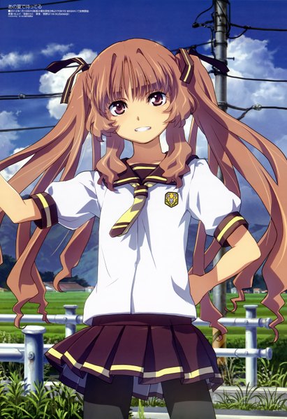 Anime picture 4079x5945 with ano natsu de matteru j.c. staff megami magazine yamano remon uon taraku single long hair tall image highres smile brown hair twintails brown eyes absurdres sky cloud (clouds) official art poster (medium) girl skirt