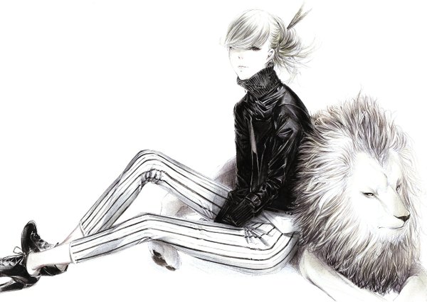 Anime picture 1280x905 with original sousou (sousouworks) single looking at viewer fringe open mouth simple background blonde hair white background sitting full body teeth high heels monochrome striped casual girl animal shoes jacket