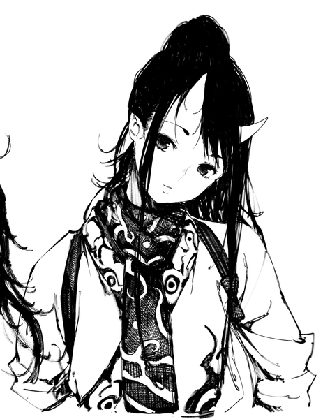 Anime picture 1280x1659 with original shiro shougun single long hair tall image looking at viewer fringe simple background white background payot ponytail traditional clothes parted lips head tilt japanese clothes horn (horns) pointy ears monochrome portrait eyebrows