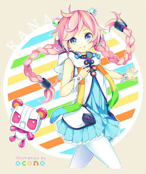 Anime picture 722x862 with vocaloid rana (vocaloid) morio shishou okono single long hair tall image looking at viewer blue eyes smile signed pink hair ahoge braid (braids) character names twin braids floating hair hand on chest girl pantyhose