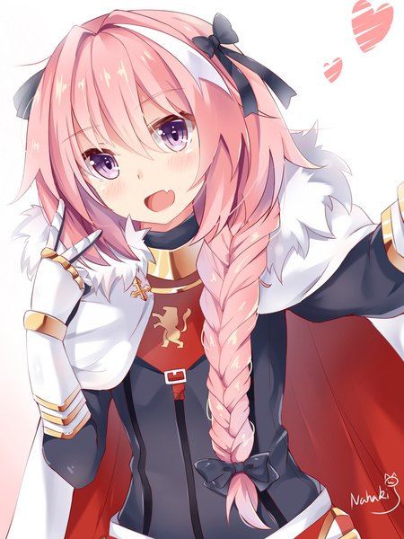 Anime picture 1000x1333 with fate (series) fate/apocrypha astolfo (fate) nahaki single long hair tall image looking at viewer blush open mouth simple background purple eyes signed payot pink hair upper body braid (braids) :d multicolored hair two-tone hair