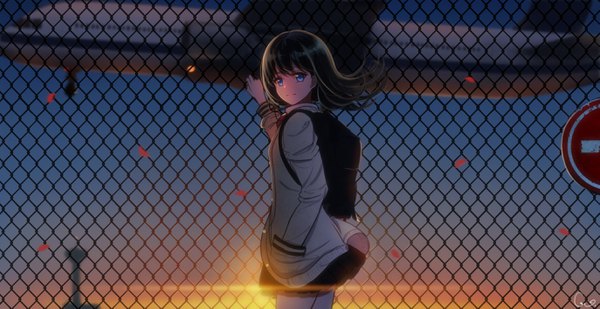 Anime picture 2746x1417 with gridman universe ssss.gridman studio trigger takarada rikka qwerggthankyou single long hair looking at viewer fringe highres blue eyes black hair wide image standing sky outdoors looking back light smile wind sunlight