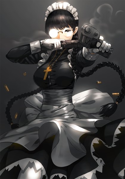 Anime picture 823x1175 with black lagoon madhouse roberta (black lagoon) kfr single long hair tall image looking at viewer black hair simple background holding braid (braids) black eyes grey background maid twin braids smoke dual wielding girl gloves