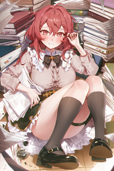 Anime-Bild 2000x3000 mit original kellymonica02 single long hair tall image looking at viewer blush fringe highres light erotic hair between eyes red eyes sitting full body bent knee (knees) red hair indoors long sleeves parted lips from above