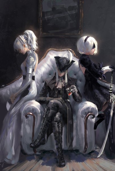 Anime picture 2700x4000 with final fantasy nier nier:automata bloodborne final fantasy xv bloodborne: the old hunters square enix from software yorha no. 2 type b lady maria of the astral clocktower lunafreya nox fleuret wlop tall image highres short hair sitting multiple girls holding payot silver hair
