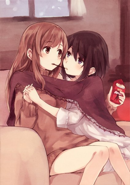Anime picture 2136x3024 with original kyuri long hair tall image blush fringe highres short hair blue eyes black hair brown hair multiple girls brown eyes bare legs couple hug holding hands eating face to face pocky kiss