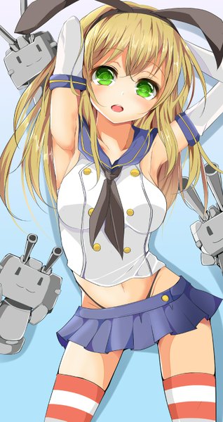 Anime picture 850x1601 with kantai collection shimakaze destroyer rensouhou-chan velia (artist) single long hair tall image blush open mouth light erotic blonde hair green eyes looking away pleated skirt armpit (armpits) arms behind head girl thighhighs skirt gloves