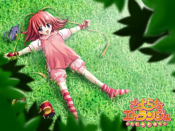 Anime picture 1024x768 with sayorana etranger kisaragi haruka amane sou short hair open mouth purple eyes red hair lying girl ribbon (ribbons) plant (plants) hair ribbon animal socks bell cat grass striped socks