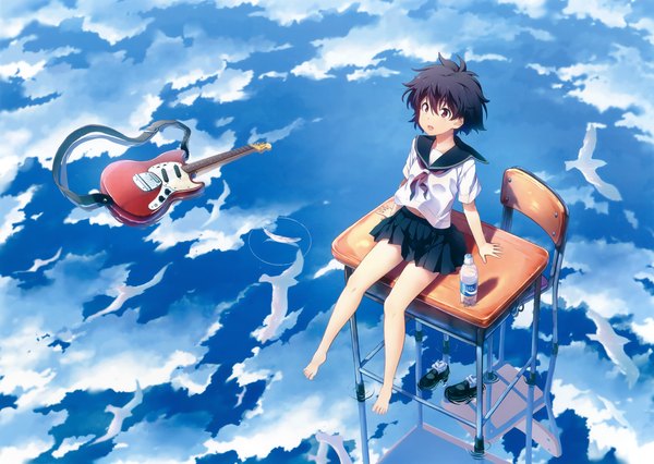 Anime picture 3300x2347 with original eshi 100-nin ten kuuchuu yousai single highres short hair open mouth black hair red eyes looking away absurdres sky cloud (clouds) barefoot scan official art bare legs girl skirt uniform