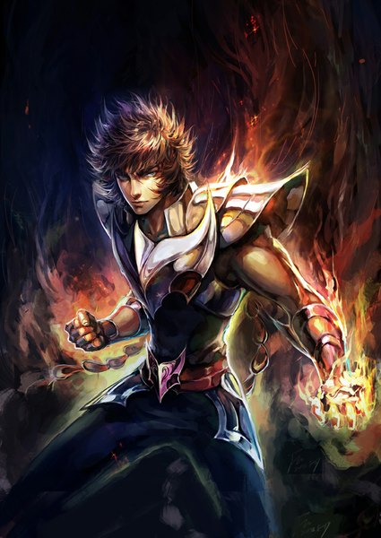 Anime picture 708x1000 with saint seiya toei animation phoenix ikki fooltown single tall image short hair brown hair signed grey eyes magic glowing fighting stance boy armor fire fist