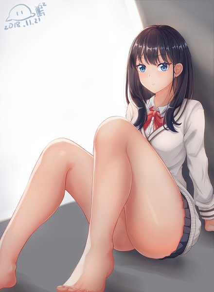 Anime picture 917x1250 with gridman universe ssss.gridman studio trigger takarada rikka peng peng single long hair tall image looking at viewer blush fringe blue eyes light erotic black hair hair between eyes sitting signed bent knee (knees) parted lips pleated skirt