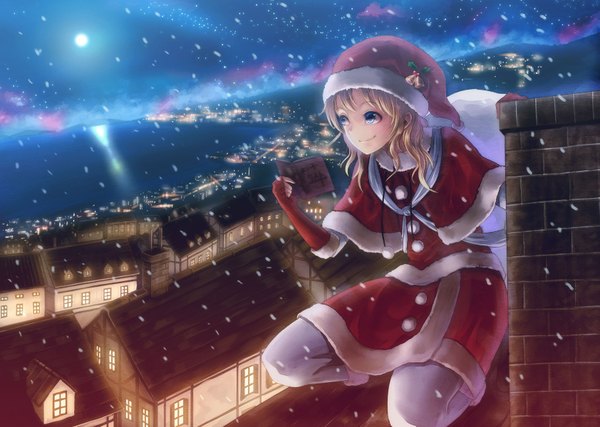 Anime picture 1683x1200 with original hyuuga azuri short hair blue eyes blonde hair smile wind night city snowing christmas winter squat cityscape girl fingerless gloves book (books) full moon santa claus costume house