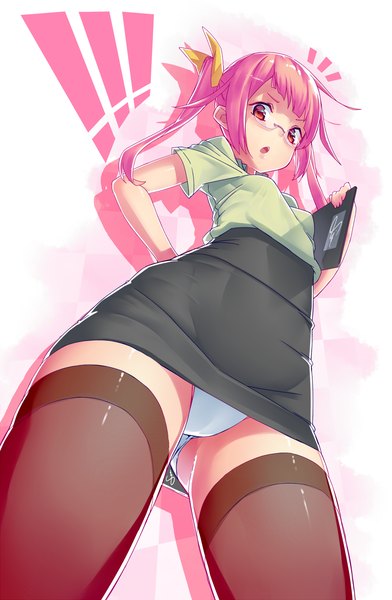Anime picture 980x1500 with original dev (dev0614) single long hair tall image looking at viewer open mouth light erotic twintails pink hair pink eyes from below pantyshot hand on hip girl thighhighs underwear panties glasses