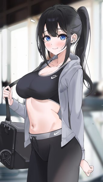 Anime-Bild 2097x3695 mit nike lebring single long hair tall image looking at viewer blush fringe highres breasts blue eyes light erotic black hair smile large breasts standing payot cleavage ponytail indoors