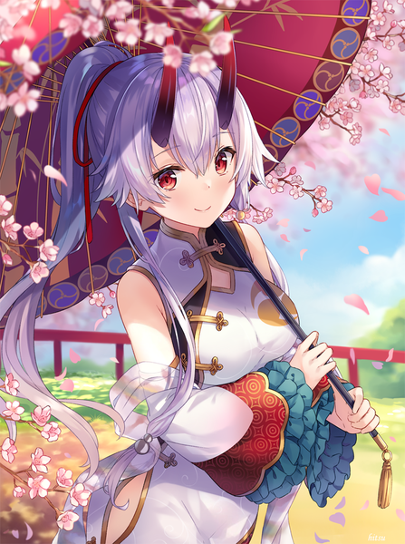 Anime picture 861x1155 with fate (series) fate/grand order tomoe gozen (fate) hitsukuya single long hair tall image looking at viewer blush fringe smile hair between eyes red eyes standing bare shoulders holding payot sky silver hair cloud (clouds)