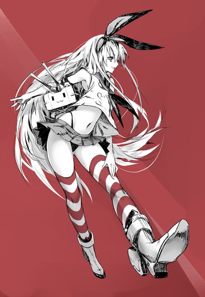 Anime picture 1040x1500 with kantai collection shimakaze destroyer rensouhou-chan madogawa single tall image light erotic simple background very long hair profile monochrome red background girl thighhighs skirt gloves navel bow hair bow miniskirt