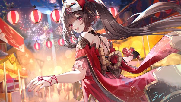 Anime picture 1500x844 with honkai: star rail honkai (series) sparkle (honkai: star rail) eric (tianqijiang) single long hair looking at viewer fringe open mouth brown hair wide image twintails outdoors blunt bangs nail polish :d pink eyes looking back mask on head fireworks
