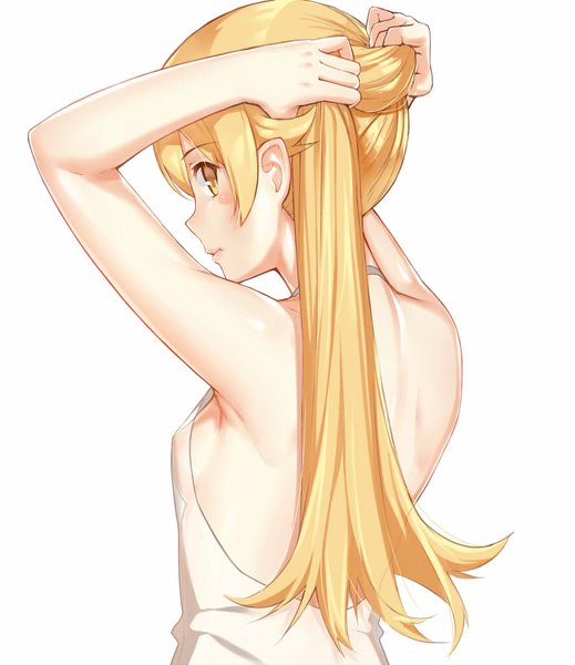 Anime picture 886x1024 with bakemonogatari kizumonogatari shaft (studio) monogatari (series) oshino shinobu shoutai (7490773) single long hair tall image looking at viewer blush breasts light erotic blonde hair yellow eyes upper body looking back lips from behind no bra