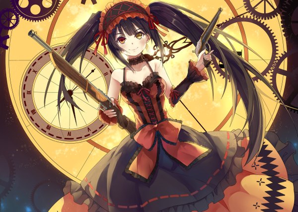 Anime-Bild 2500x1783 mit date a live tokisaki kurumi baisi shaonian single long hair looking at viewer blush highres black hair smile twintails heterochromia girl dress bow weapon headdress gun gears musket