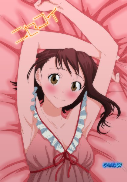 Anime picture 699x1000 with nisekoi shaft (studio) onodera kosaki shadsonic2 single long hair tall image blush light erotic smile brown hair bare shoulders brown eyes lying armpit (armpits) coloring girl dress