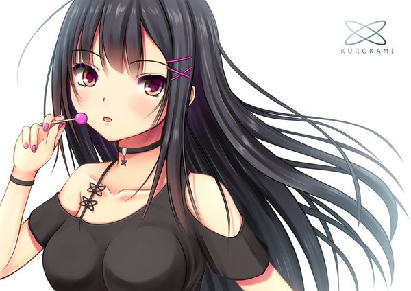 Anime picture 2046x1447 with original kurokami (kurokaminohito) single long hair looking at viewer blush highres open mouth black hair white background brown eyes girl food sweets candy lollipop