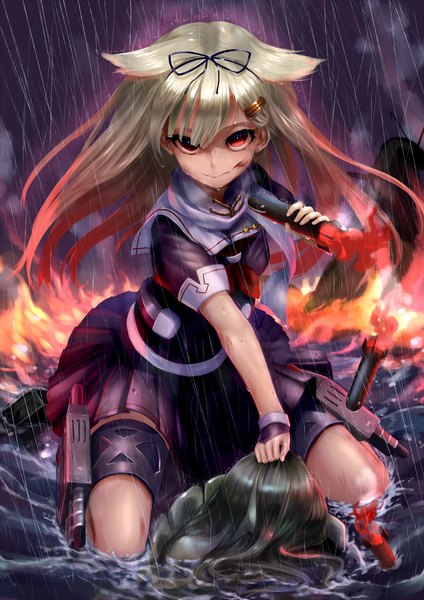 Anime picture 1414x2000 with kantai collection yuudachi destroyer kachayori tall image looking at viewer blonde hair smile red eyes rain battle remodel (kantai collection) girl weapon water fire sailor suit