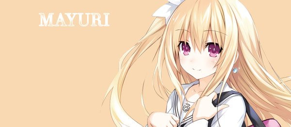 Anime picture 1600x703 with date a live mayuri (date a live) tsunako single long hair blush fringe simple background blonde hair smile wide image looking away pink eyes wallpaper character names one side up girl uniform ribbon (ribbons) hair ribbon