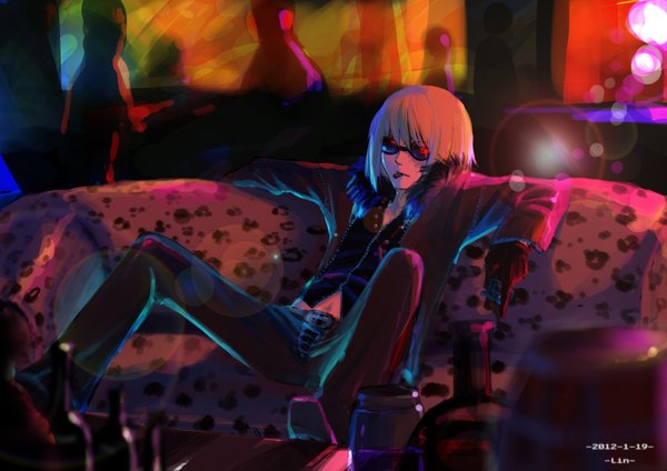 Anime picture 3508x2480 with death note madhouse mello (mihael keehl) hayashi single highres short hair blonde hair absurdres mouth hold silhouette boy gloves navel fur pants sunglasses couch