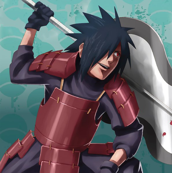Anime picture 1454x1468 with naruto studio pierrot naruto (series) uchiha madara single long hair tall image fringe open mouth black hair red eyes looking away hair over one eye official art sharingan boy gloves weapon black gloves armor