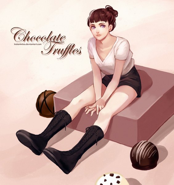 Anime picture 3292x3500 with original instantmiso single tall image fringe highres short hair simple background brown hair sitting purple eyes signed looking away absurdres full body inscription arm support shadow hair bun (hair buns) lacing