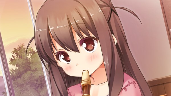 Аниме картинка 1280x720 с ano ko wa ore kara hanarenai giga sakurai yuzuki длинные волосы румянец чёрные волосы широкое изображение карие глаза game cg девушка музыкальный инструмент флейта
