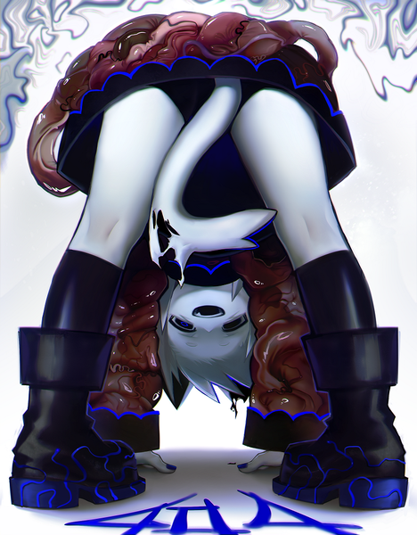 Anime picture 773x990 with original v1v404 single tall image looking at viewer short hair open mouth light erotic simple background standing white background animal ears silver hair full body tail long sleeves nail polish :d animal tail from behind