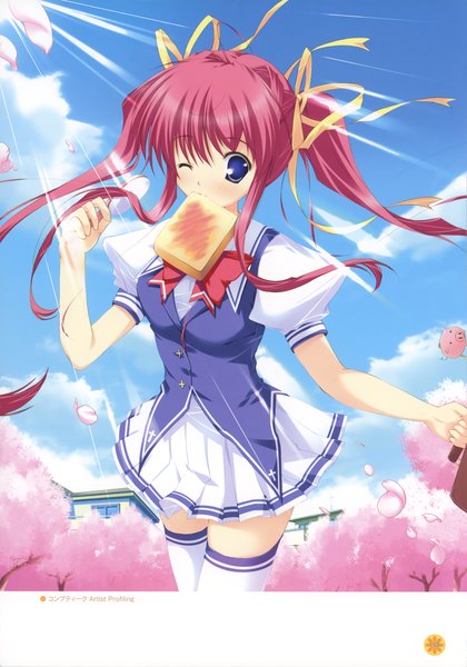 Anime picture 2454x3503 with lyrical lyric asakura nanao mikeou single long hair tall image looking at viewer highres blue eyes smile sky cloud (clouds) pleated skirt one eye closed wink zettai ryouiki mouth hold cherry blossoms toast in mouth girl