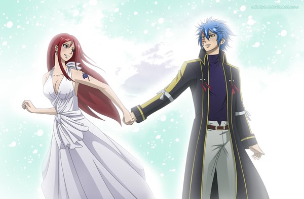 Anime picture 2000x1315 with fairy tail erza scarlet jellal fernandes milady666 long hair highres short hair simple background smile purple eyes yellow eyes blue hair red hair tattoo holding hands girl dress boy earrings pants