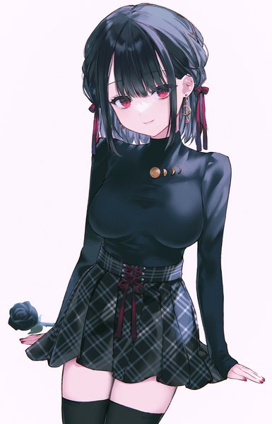 Anime picture 2313x3606 with original nekoyashiki pushio single tall image looking at viewer fringe highres short hair breasts black hair simple background smile red eyes standing payot long sleeves nail polish head tilt pleated skirt zettai ryouiki