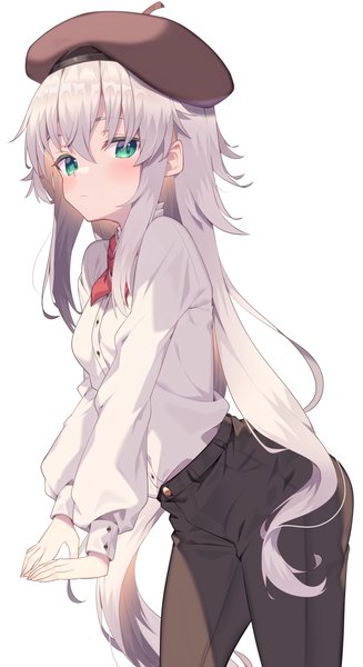 Anime picture 2160x3960 with original jun (aousa0328) single long hair tall image looking at viewer blush fringe highres simple background hair between eyes standing white background green eyes payot silver hair long sleeves leaning leaning forward girl
